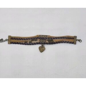 Multi Strand Dark Brown Braided Faux Leather Bracelet With 3 Love Charms